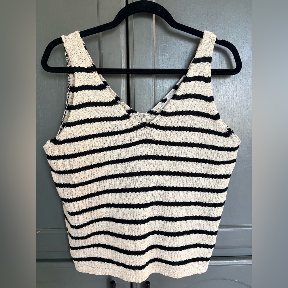 Primark Cares Striped Knit Tank Top M Cream Black V Neck Sleeveless Sweater